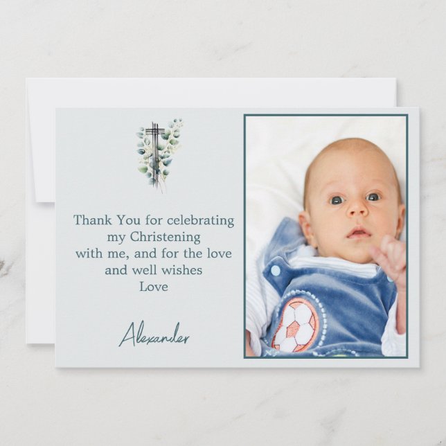 Invitation Baptême Christening Modern Boy Merci Photo (Devant)