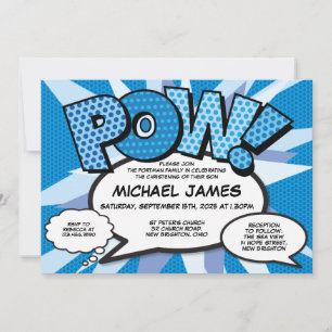Invitation Baptême Christening Modern Comic Book Bleu