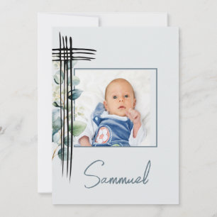Invitation Baptême Christening Photo Homme Modern Blue