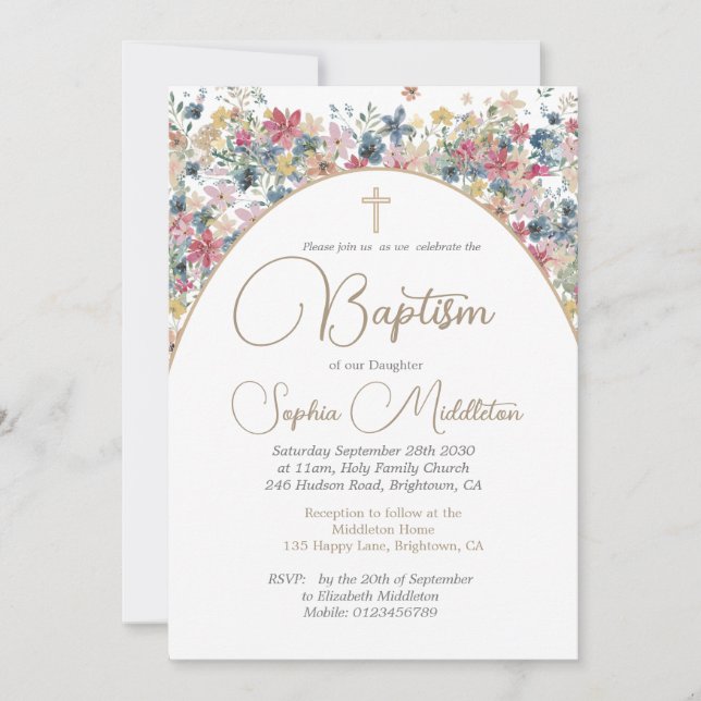 Invitation Baptême Christening Photo Rose Floral Religieux (Devant)