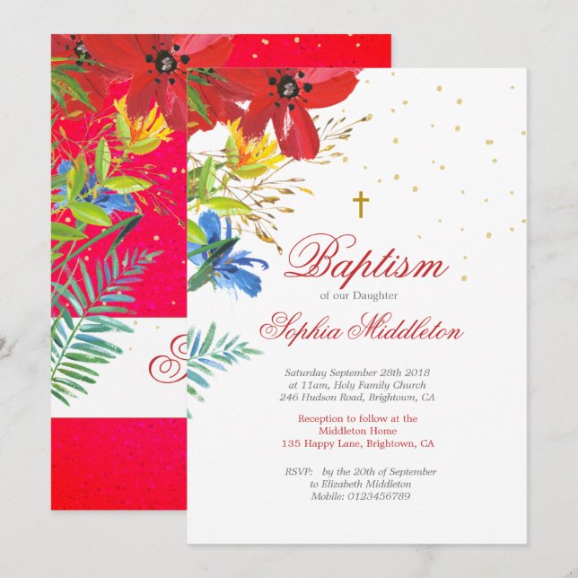 Invitation Baptême Christening Red Wild Flowers Religieux (Devant / Derrière)