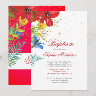 Invitation Baptême Christening Red Wild Flowers Religieux