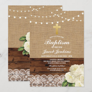 Invitation Baptême Christening Rose Burlap Dentelle en bois