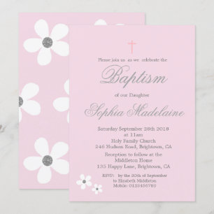 Invitation Baptême Christening Rose Daisy Silver Girl