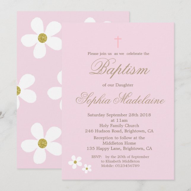 Invitation Baptême Christening Rose Floral Girl Gold (Devant / Derrière)