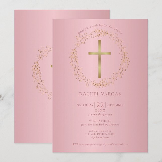 Invitation Baptême Christening Rose Gold Cross Floral (Devant / Derrière)