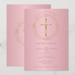 Invitation Baptême Christening Rose Gold Cross Floral