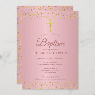 Invitation Baptême Christening Rose Gold Hearts