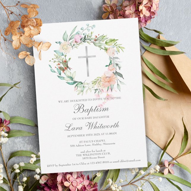 Invitation Baptême Christening Silver Cross Floral Garland (Créateur téléchargé)