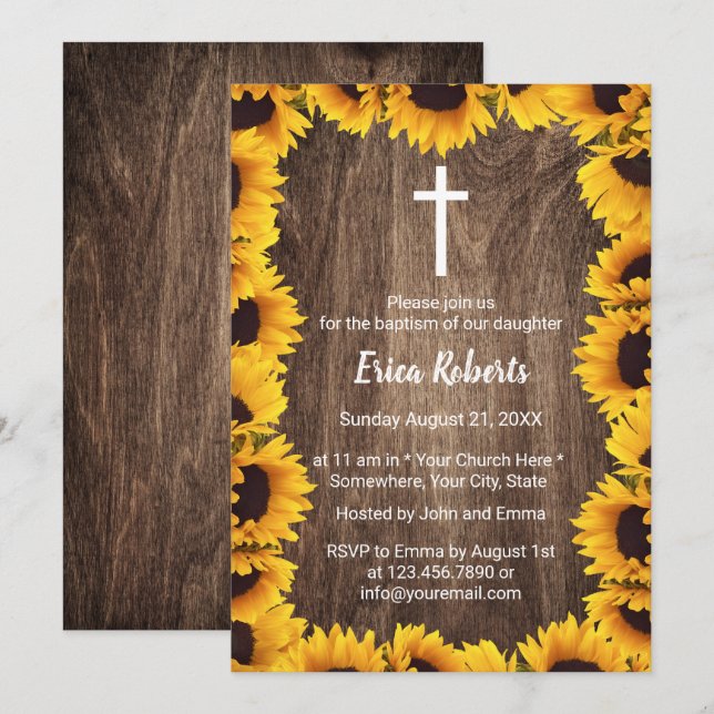 Invitation Baptême Christening Vintages Sunflowers encadrés (Devant / Derrière)