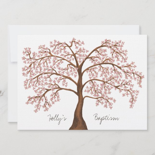 Invitation Baptême Christening White Rose Cherry Blossom Tree (Devant)