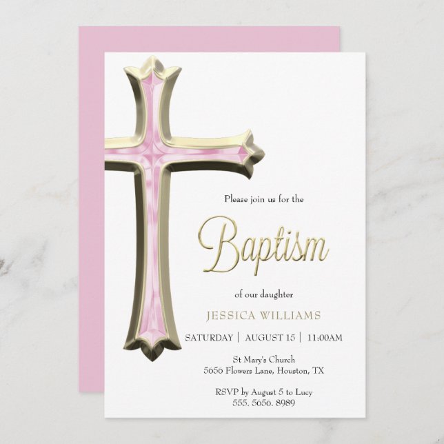 Invitation Baptême Classy Gold & Pink Cross (Devant / Derrière)