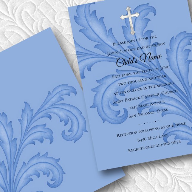 Invitation Baptême Confirmation 1ère Communion Blue Acanthus (Créateur téléchargé)