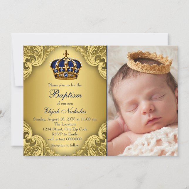 Invitation Baptême Couronne Prince Bleu Royal Or (Devant)
