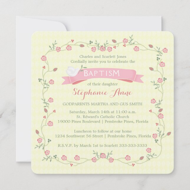 Invitation Baptême couronne rose florale (Devant)