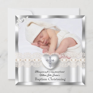 Invitation Baptême Crème Argent Photo Coeur Croix Garçon Fill