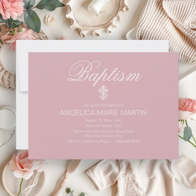 Invitation Baptême croisé de fille rose rousse (Elegant blush pink baby baptism invitation)