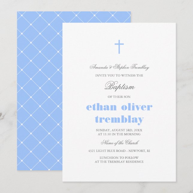 Invitation Baptême croisé élégant gris et bleu clair (Devant / Derrière)