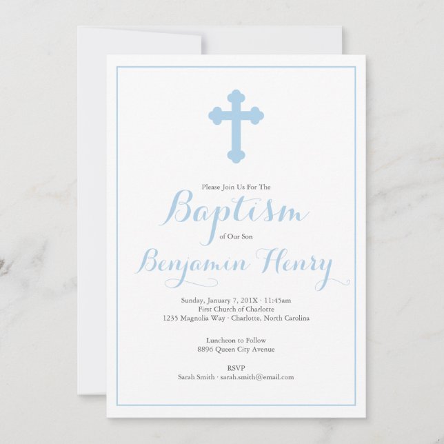 Invitation Baptême croisé fleuri de baptême de garçon bleu (Devant)