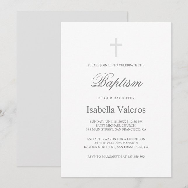 Invitation Baptême croisé gris argent simple  (Devant / Derrière)
