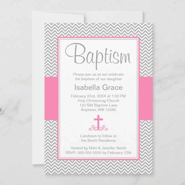Invitation Baptême croisé rose gris de baptême de fille de (Devant)