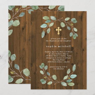 Invitation Baptême croisé rustique de verdure et d'or