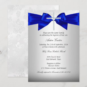 Invitation Baptême Croix Blanche Argent Bleu Royal