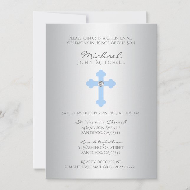 Invitation Baptême Croix Bleue d'argent / Baptême de garçon P (Devant)