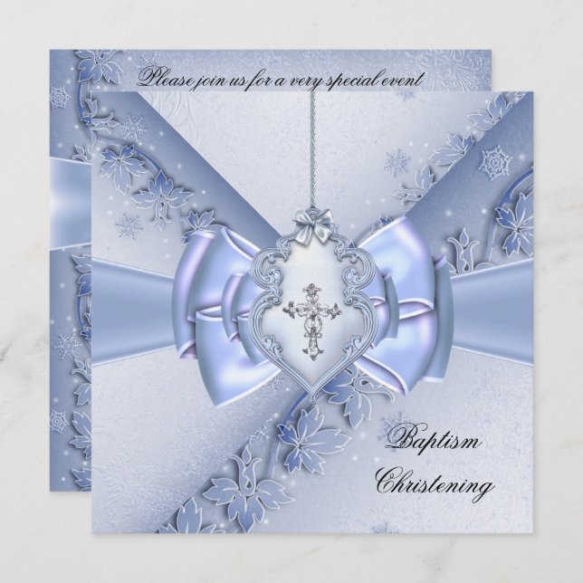 Invitation Baptême Croix Bleue Garçon damassé baptême (Devant / Derrière)