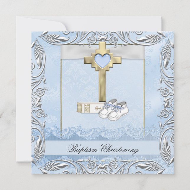 Invitation Baptême Croix Bleue Garçon damassé baptême Bible (Devant)