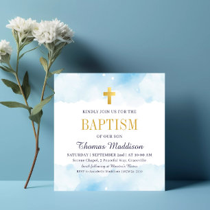 Invitation Baptême Croix Dorée Nuages Aquarelle Bleu Bébé