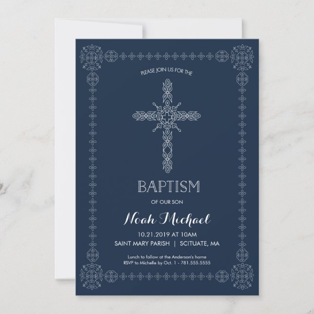 Invitation Baptême, croix élégante d'invitation de garçons de (Devant)