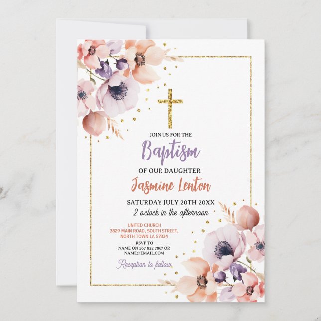 Invitation Baptême Croix Fleurs Christening Purple Gold (Devant)