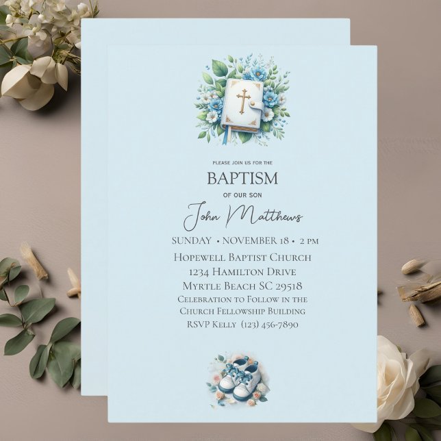 Invitation Baptême Croix Florale Bleue et Garçons de la Bible (Créateur téléchargé)