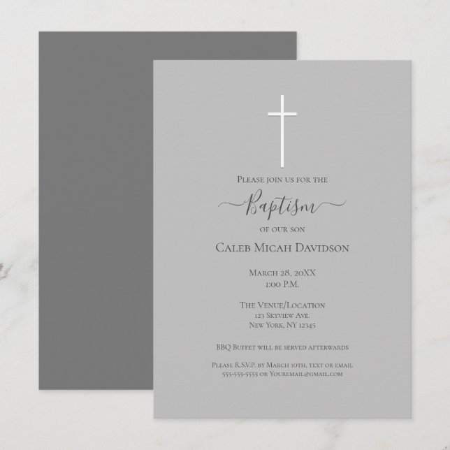 Invitation Baptême Croix Grise & Blanche Minimaliste    (Devant / Derrière)