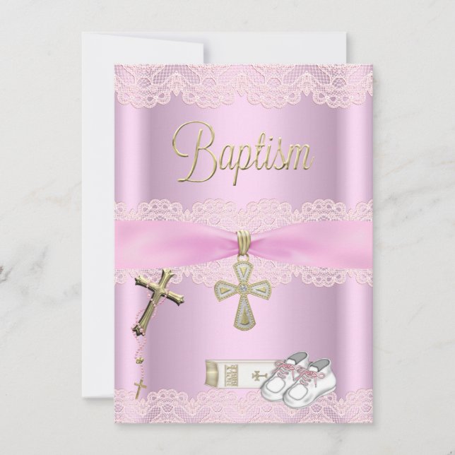 Invitation Baptême Croix rose Fille Dentelle Christening (Devant)
