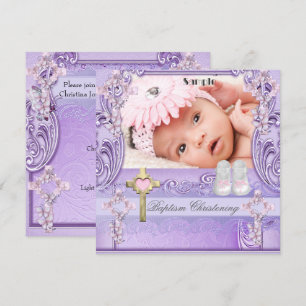 Invitation Baptême Croix Rose Lilas Fille Photo Baptême