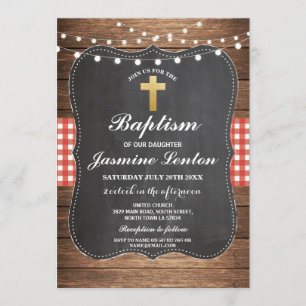 Invitation Baptême Cross Christening Red Check En vichy Chalk