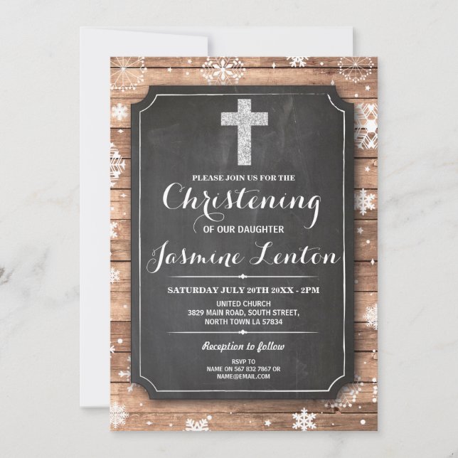 Invitation Baptême Cross Christening Wood Christmas Snow (Devant)