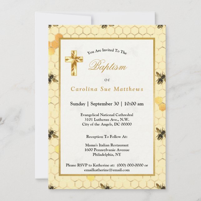 Invitation Baptême d'abeilles jaunes d'or élégant (Devant)