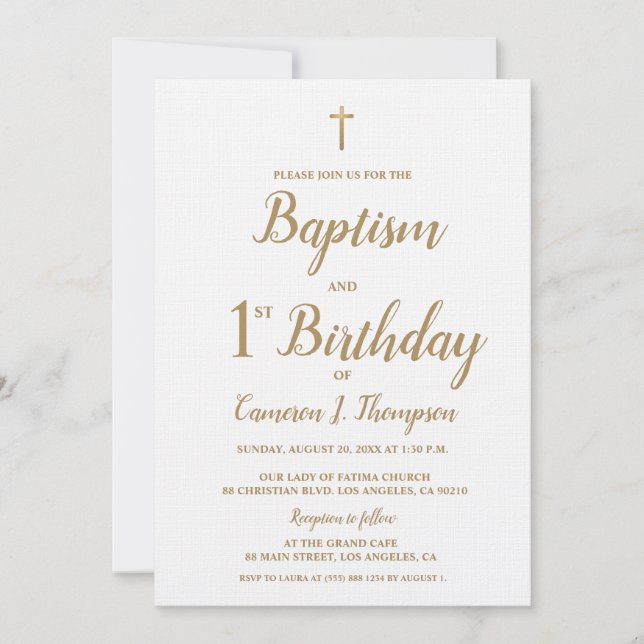 Invitation Baptême d'anniversaire de teinte blanche et or cou (Devant)