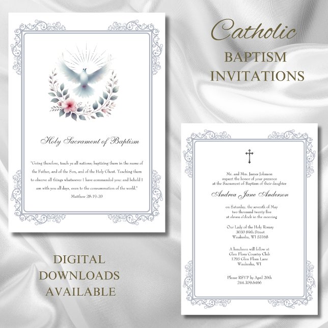 Invitation Baptême d'argent catholique Dove Roses roses roses (Créateur téléchargé)