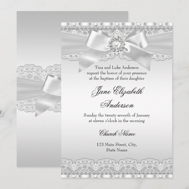 Invitation Baptême d'argent de dentelle et bow Dia (Devant / Derrière)