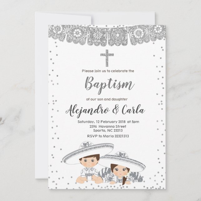 Invitation Baptême d'argent jumeau garçon et fille (Devant)