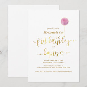 Invitation Baptême de ballons roses et 1er script d'or d'anni