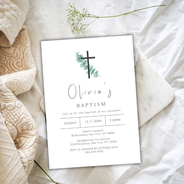 Invitation Baptême de baptême de croix simple d'Eucalyptus (Simple Eucalyptus Cross Christening Baptism Invitation)