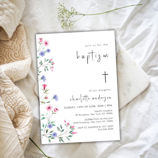 Invitation Baptême de baptême de la petite Croix de printemps (Little Wildflower Spring Cross Christening Baptism Invitation)