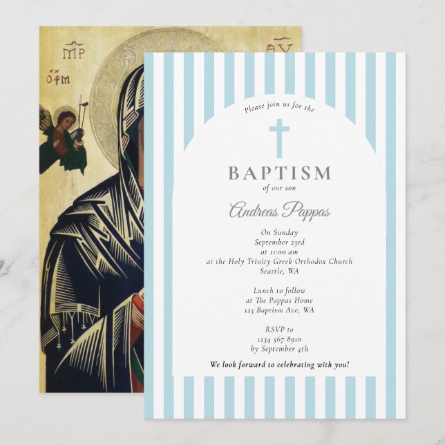Invitation Baptême de baptême orthodoxe grecque Dusty Blue Bo (Devant / Derrière)