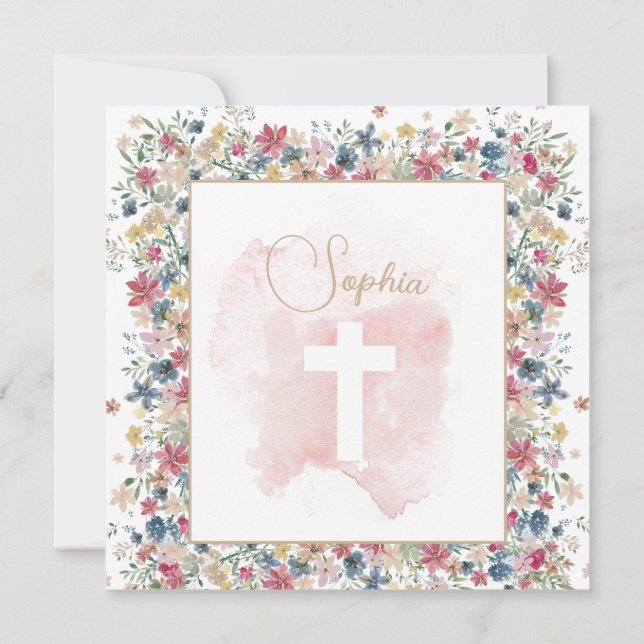 Invitation Baptême de baptême rose Floral Croix religieuse (Dos)
