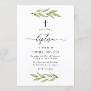 Invitation Baptême de bébé à feuilles vertes